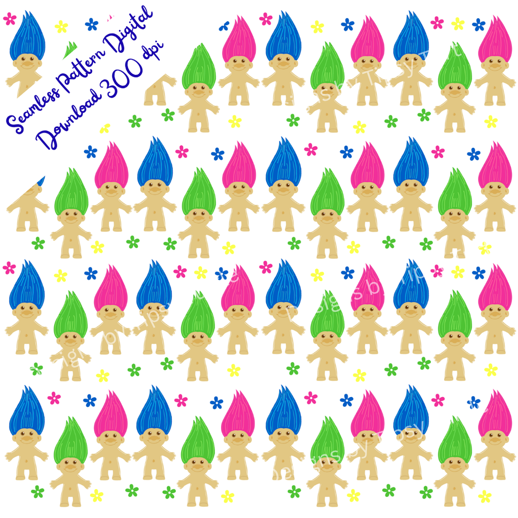 RETRO TROLL FRIENDS, Seamless Pattern PNG, Digital Print, PNG, Digital Paper, Fabric, Wallpaper POD (Copy)